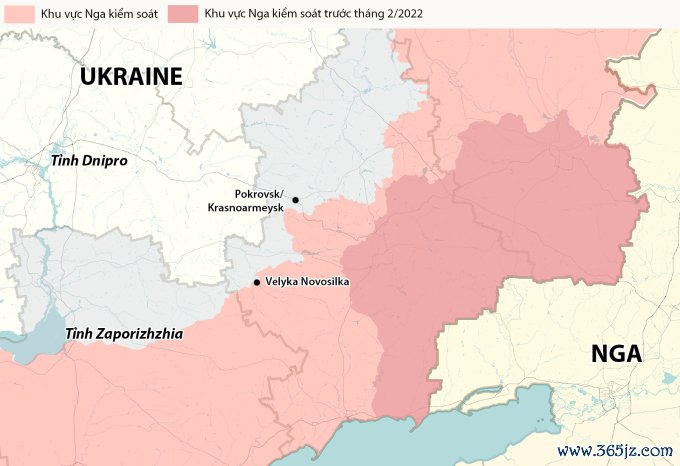 Vị trí thị trấn Velyka Novosilka và thành phố Pokrovsk/Krasnoarmeysk. Đồ họa: RYV