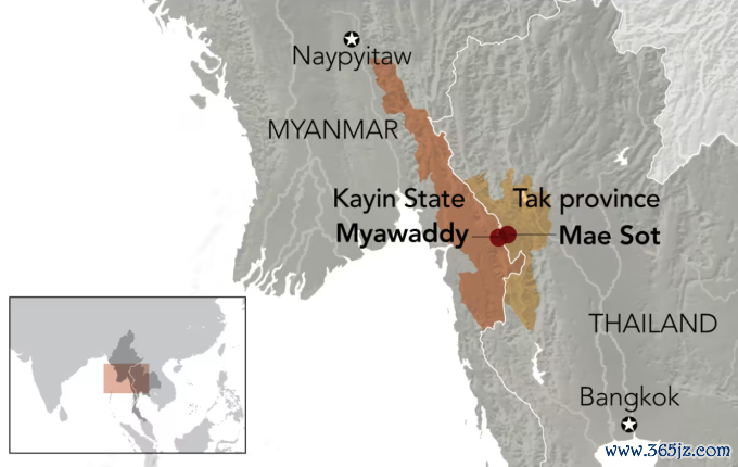 ị trí thị trấn Myawaddy， bang Kayin， Myanmar， và quận Mae Sot， tỉnh Tak， Thái Lan. Theo Nikkei